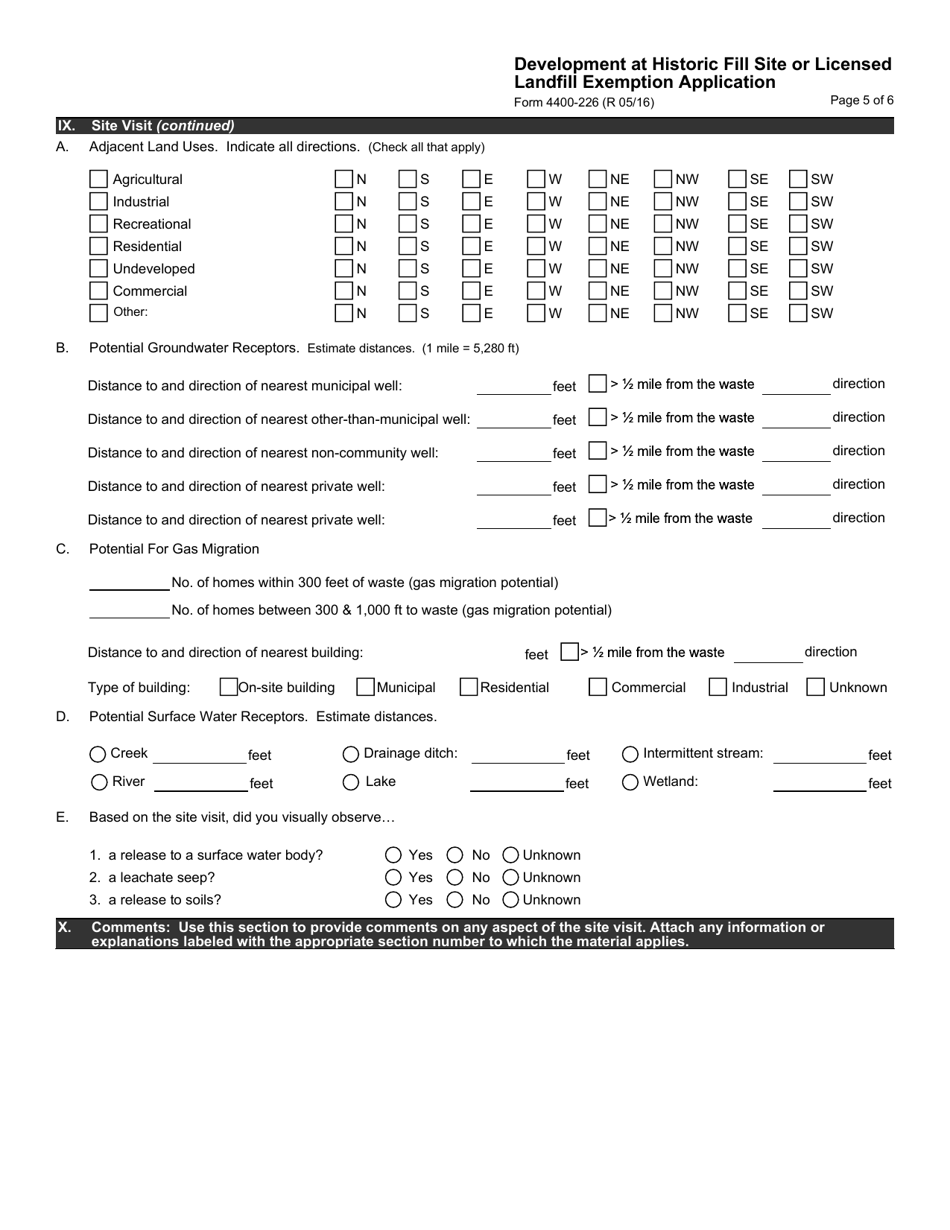 Form 4400-226 Development at Historic Fill Site or Licensed Landfill Exemption Application - Wisconsin, Page 5