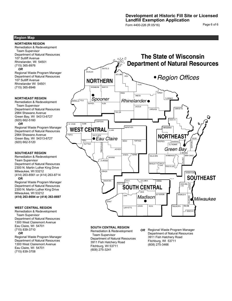 Form 4400-226 Development at Historic Fill Site or Licensed Landfill Exemption Application - Wisconsin, Page 6