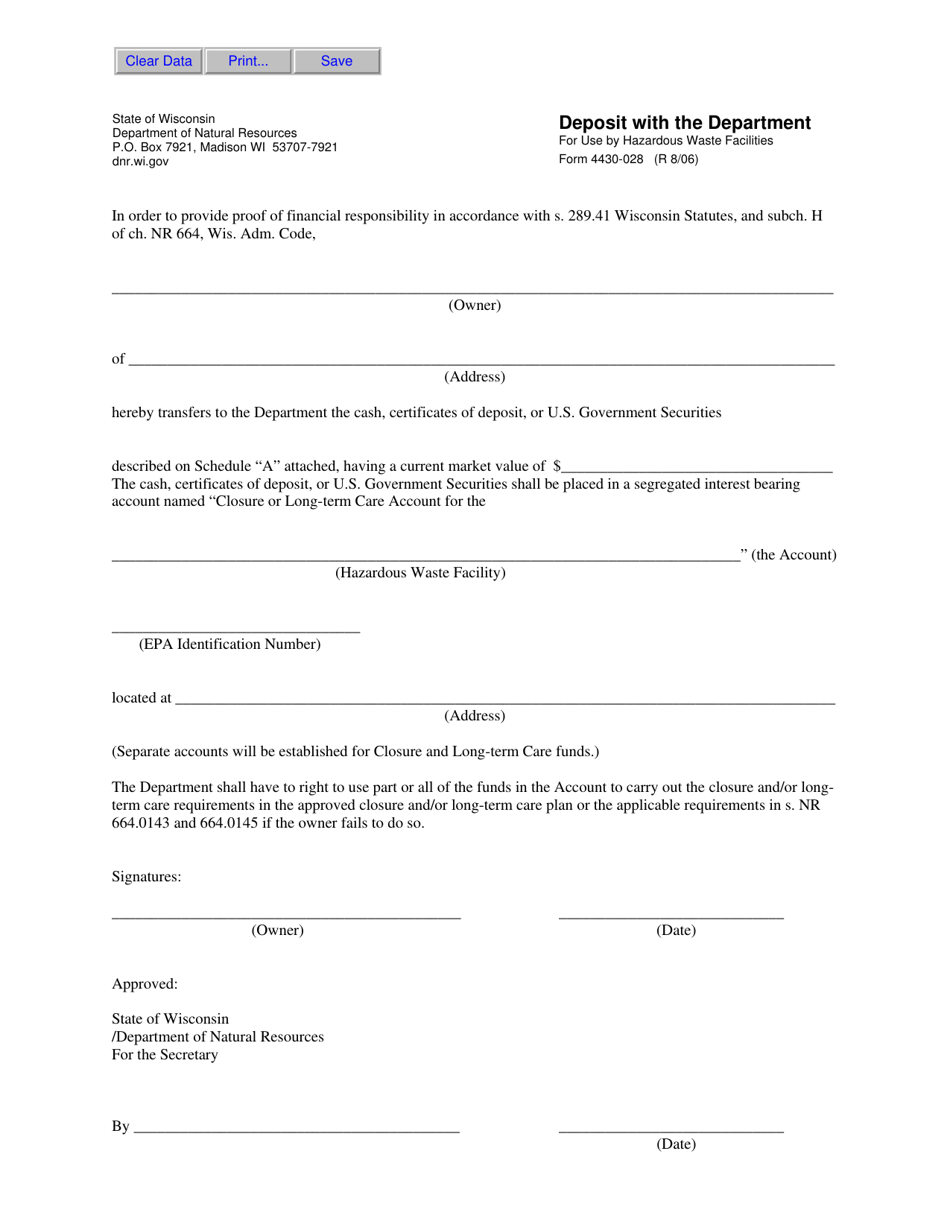 Form 4430-028 Deposit With the Department for Use by Hazardous Waste Facilities - Wisconsin, Page 1