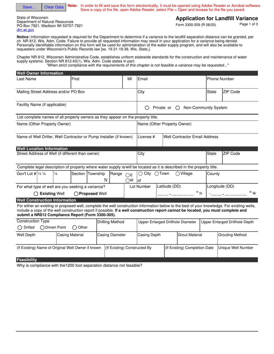 Form 3300-209 Application for Landfill Variance - Wisconsin, Page 1