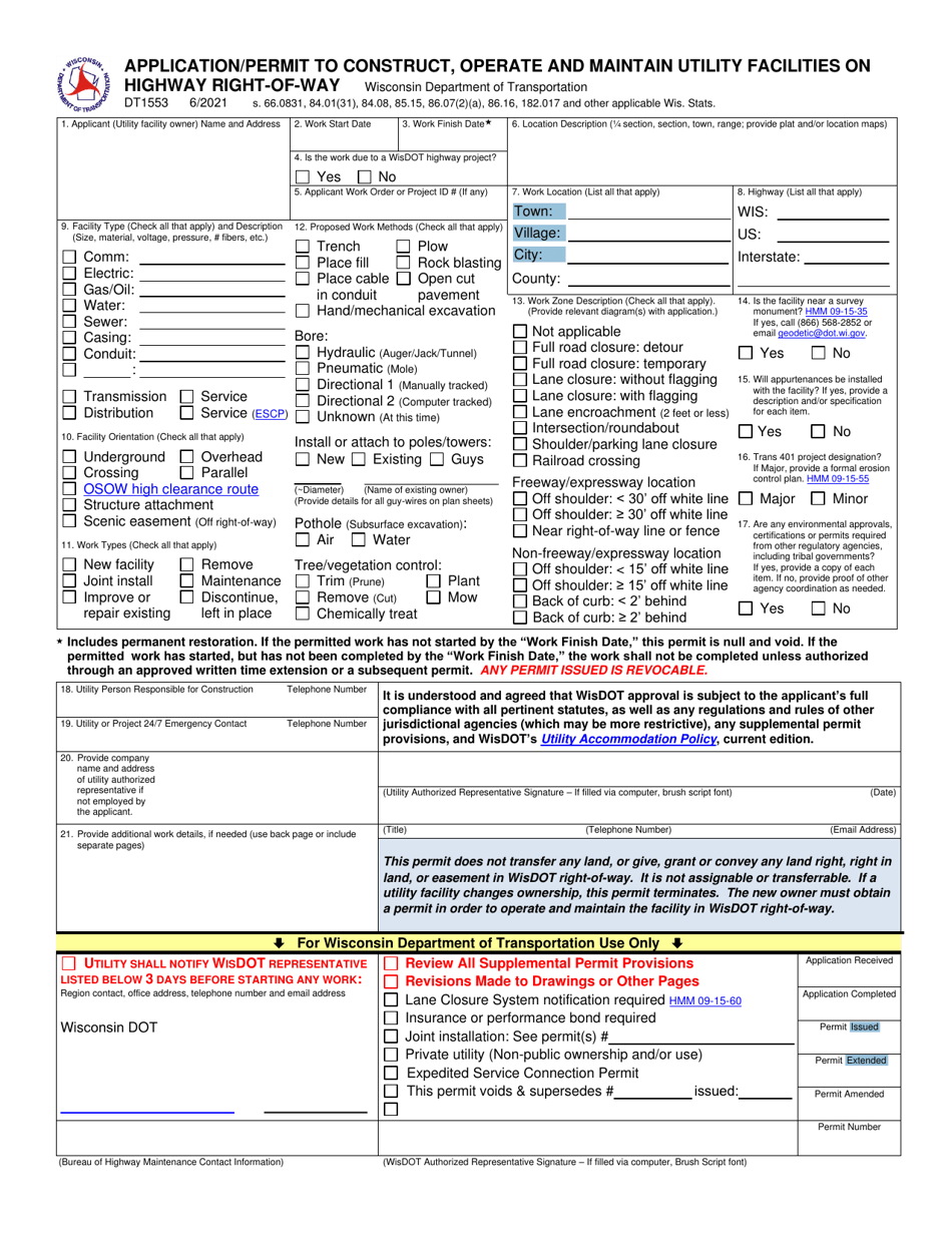 Form DT1553 Application / Permit to Construct, Operate and Maintain Utility Facilities on Highway Right-Of-Way - Wisconsin, Page 1