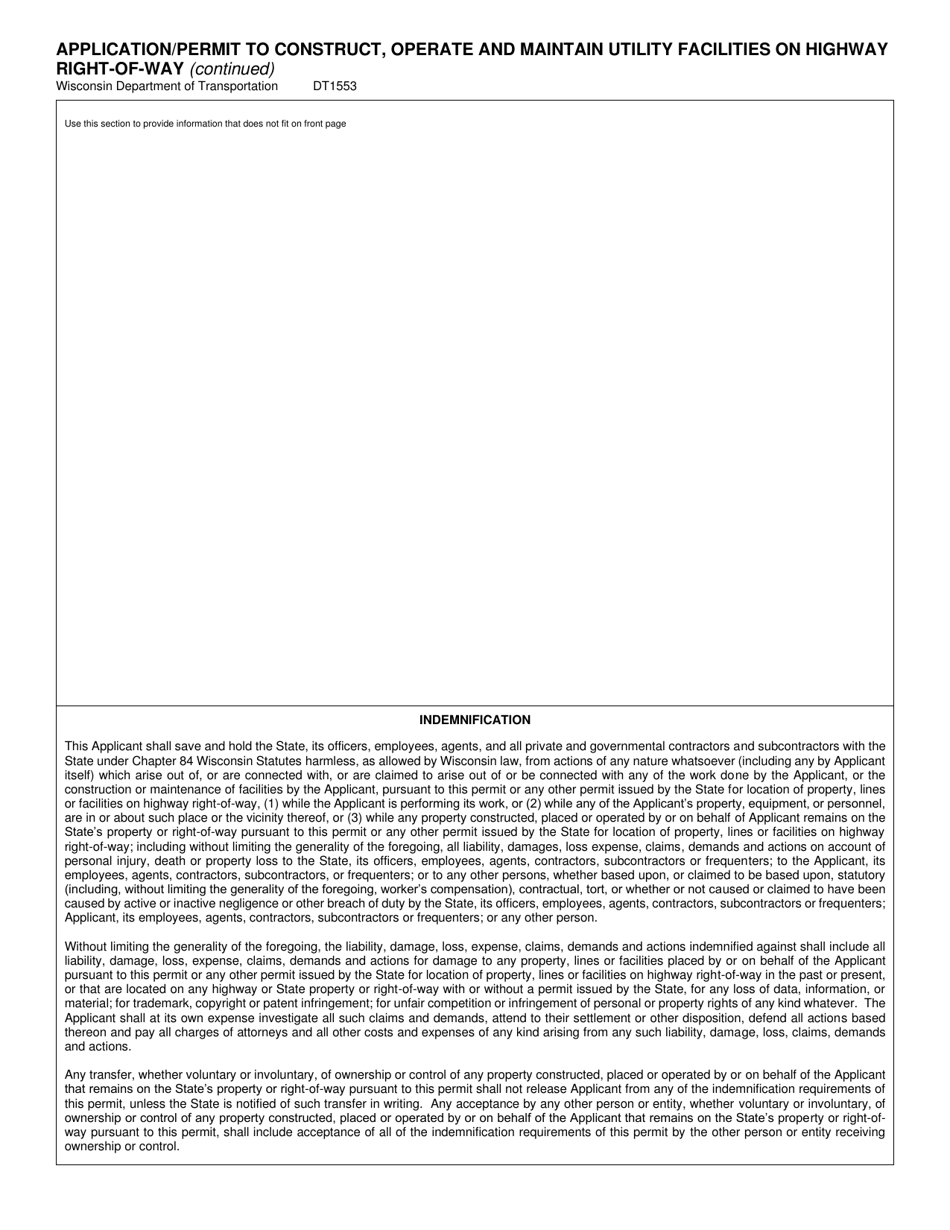 Form DT1553 Application / Permit to Construct, Operate and Maintain Utility Facilities on Highway Right-Of-Way - Wisconsin, Page 2