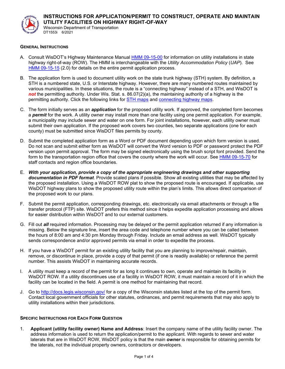 Instructions for Form DT1553 Application / Permit to Construct, Operate and Maintain Utility Facilities on Highway Right-Of-Way - Wisconsin, Page 1
