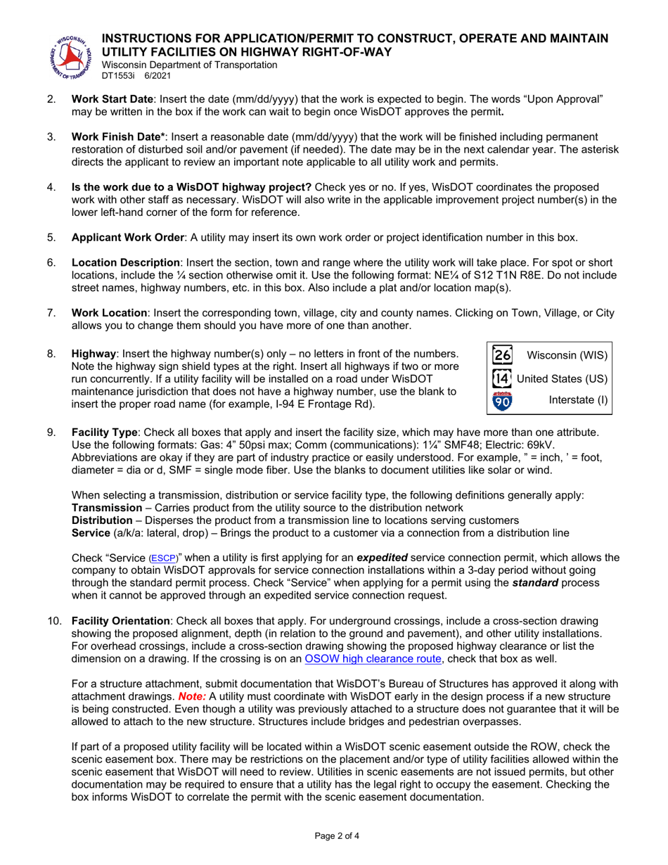 Instructions for Form DT1553 Application / Permit to Construct, Operate and Maintain Utility Facilities on Highway Right-Of-Way - Wisconsin, Page 2