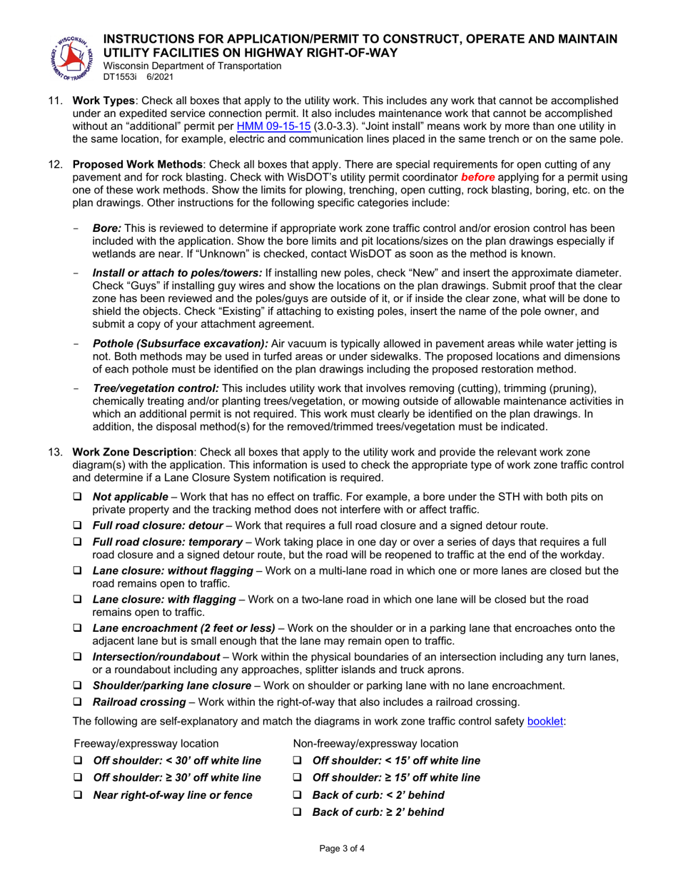 Instructions for Form DT1553 Application / Permit to Construct, Operate and Maintain Utility Facilities on Highway Right-Of-Way - Wisconsin, Page 3