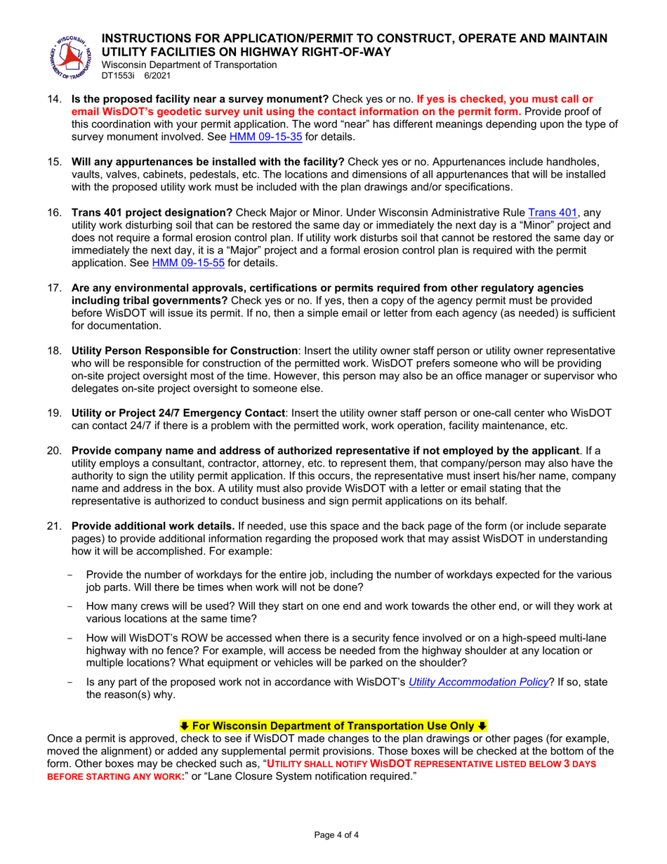 Instructions for Form DT1553 Application / Permit to Construct, Operate and Maintain Utility Facilities on Highway Right-Of-Way - Wisconsin, Page 4