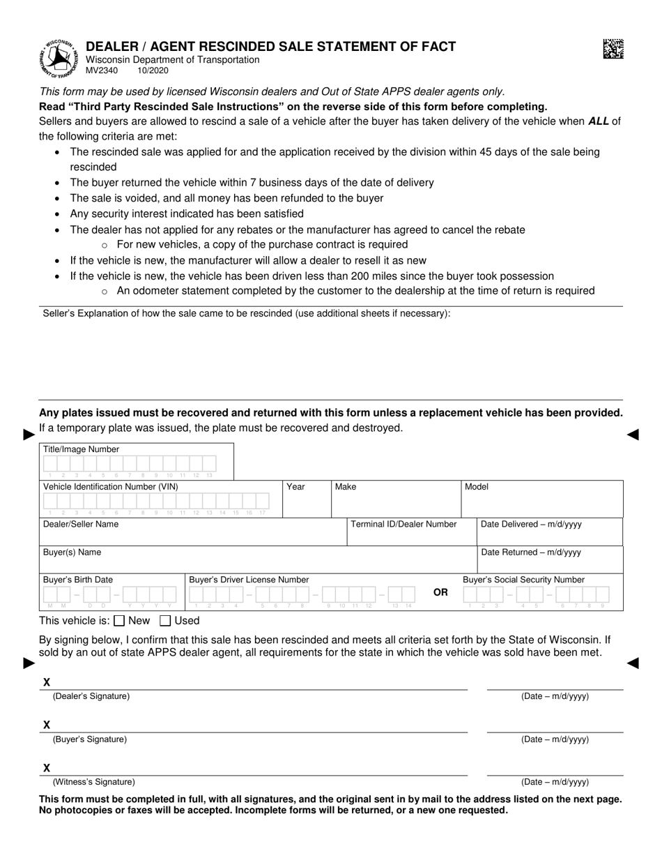 Form MV2340 Dealer / Agent Rescinded Sale Statement of Fact - Wisconsin, Page 1