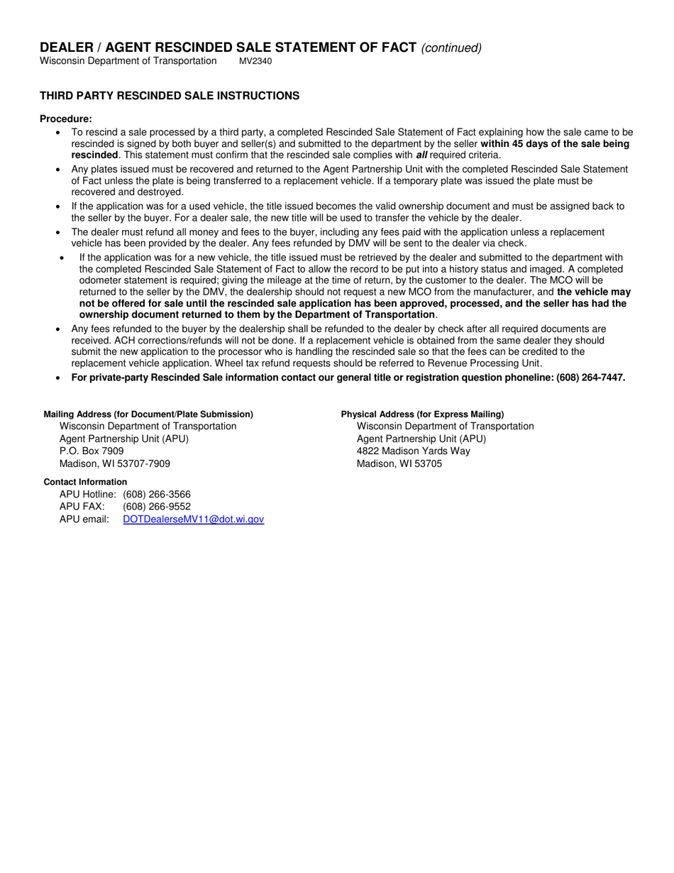 Form MV2340 Dealer / Agent Rescinded Sale Statement of Fact - Wisconsin, Page 2