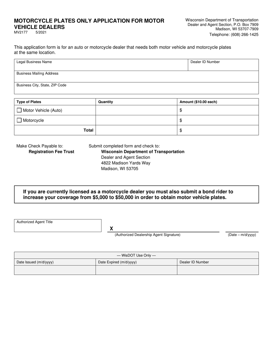 Form MV2177 Motorcycle Plates Only Application for Motor Vehicle Dealers - Wisconsin, Page 1