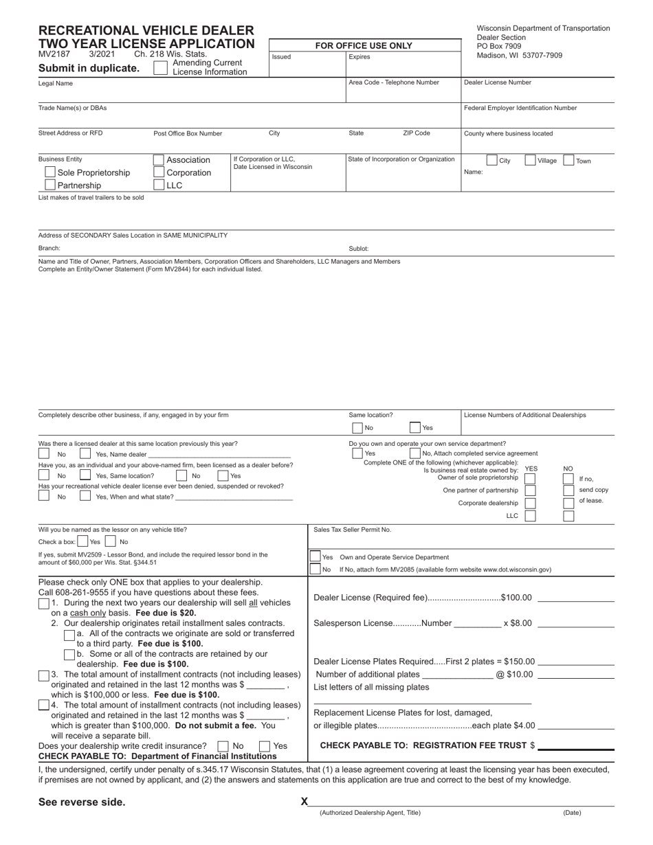 Form MV2187 Recreational Vehicle Dealer Two Year License Application - Wisconsin, Page 1
