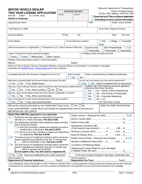 Document preview: Form MV2186 Motor Vehicle Dealer Two Year License Application - Wisconsin