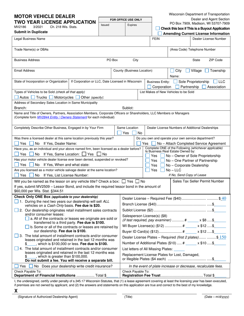 Form MV2186 Motor Vehicle Dealer Two Year License Application - Wisconsin, Page 1