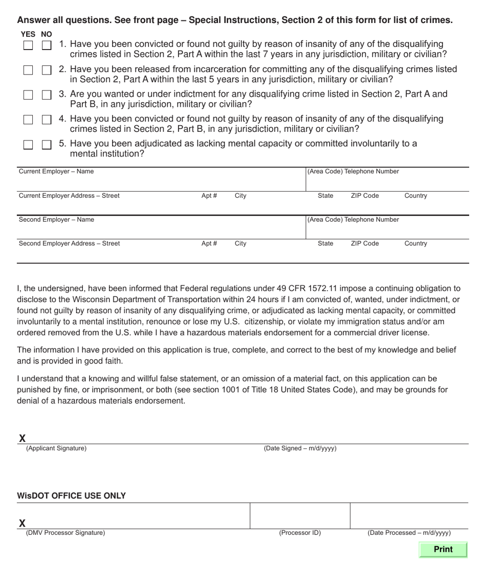 Form MV3735 Driver License Hazardous Materials Endorsement Special Application - Wisconsin, Page 4