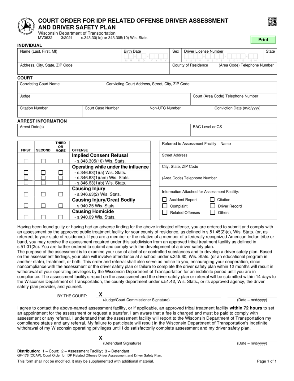 Form MV3632 Court Order for Idp Related Offense Driver Assessment and Driver Safety Plan - Wisconsin, Page 1
