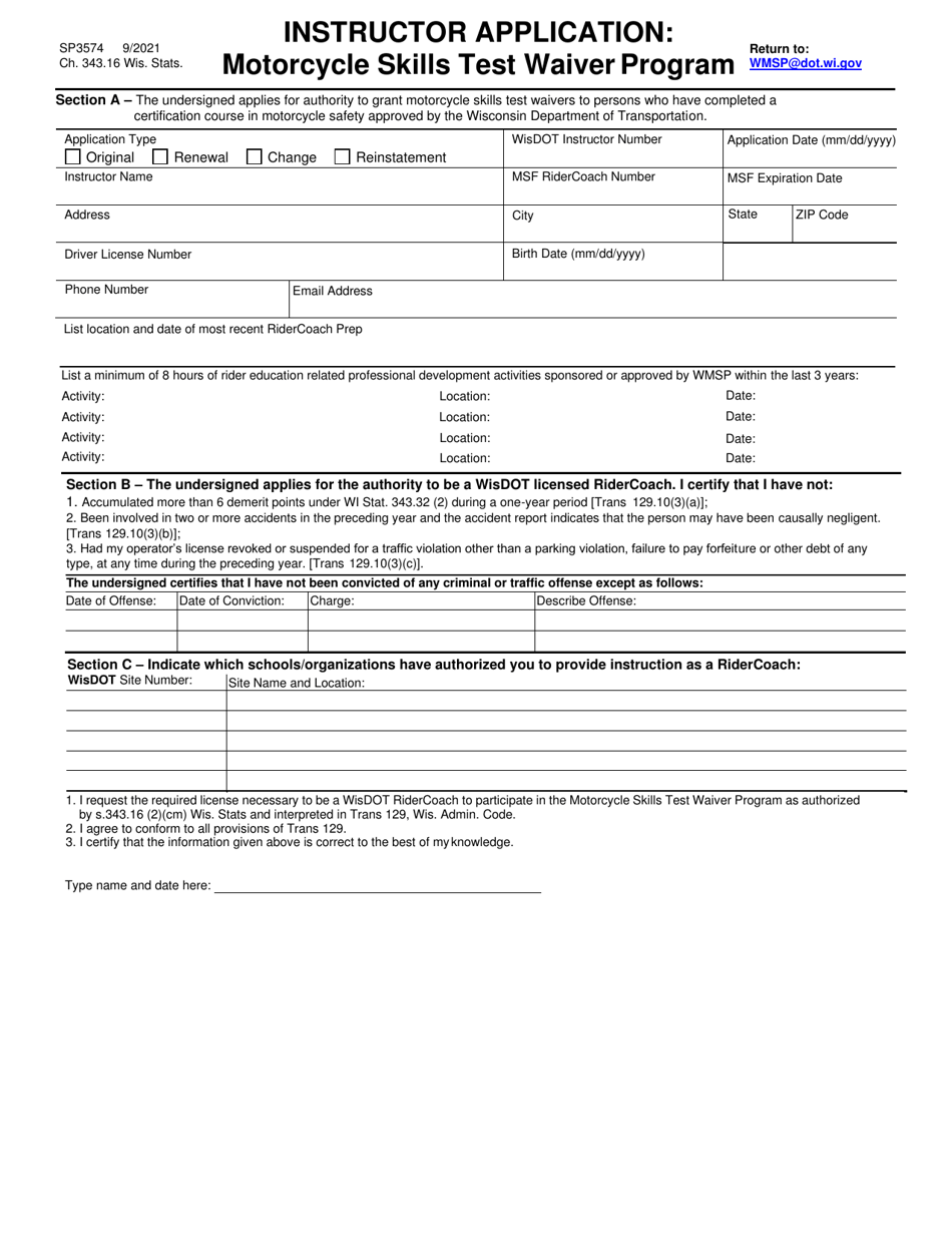 Form SP3574 Instructor Application: Motorcycle Skills Test Waiver Program - Wisconsin, Page 1
