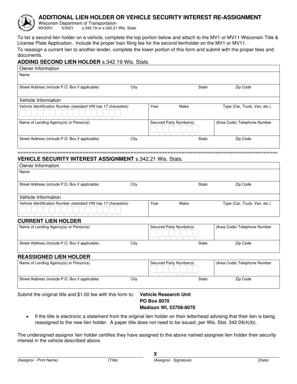 Form MV2051 Additional Lien Holder or Vehicle Security Interest Re-assignment - Wisconsin, Page 1