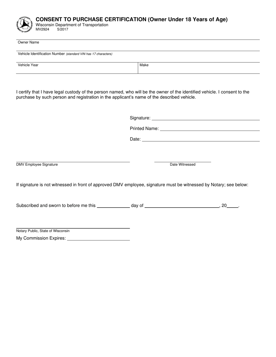 Form MV2924 Consent to Purchase Certification (Owner Under 18 Years of Age) - Wisconsin, Page 1