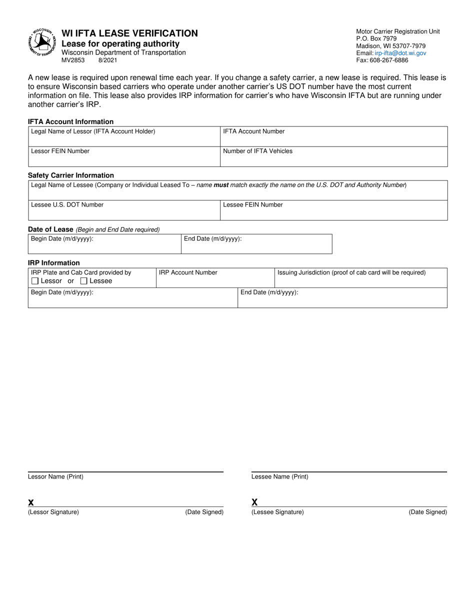 Form MV2853 Wi Ifta Lease Verification - Lease for Operating Authority - Wisconsin, Page 1