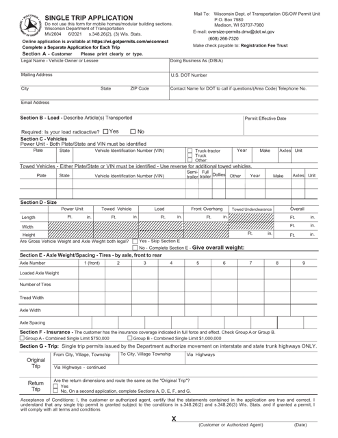 Form MV2604 Single Trip Application - Wisconsin