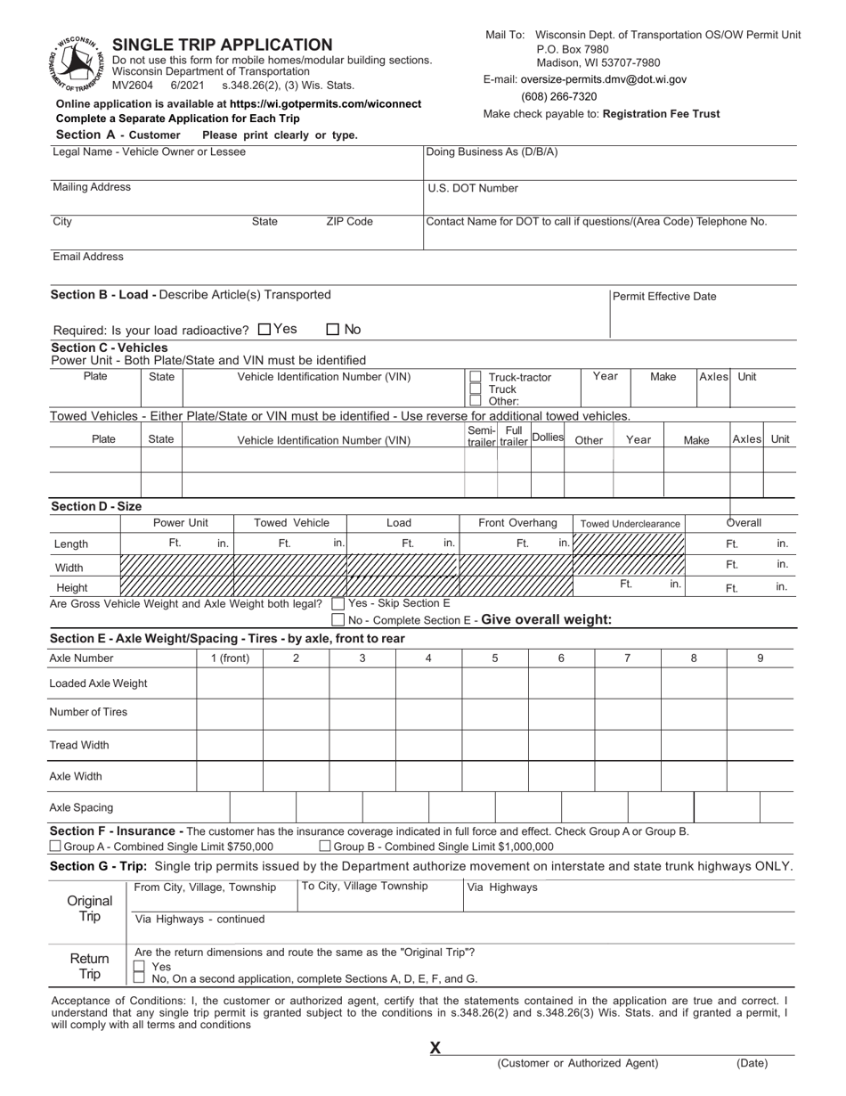 Form MV2604 Single Trip Application - Wisconsin, Page 1
