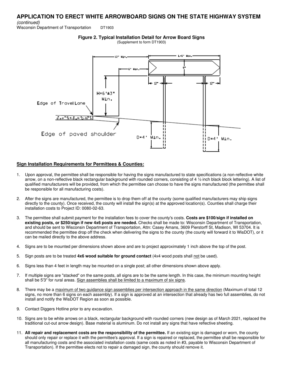 Form DT1903 Application to Erect White Arrowboard Signs on the State Highway System - Wisconsin, Page 3