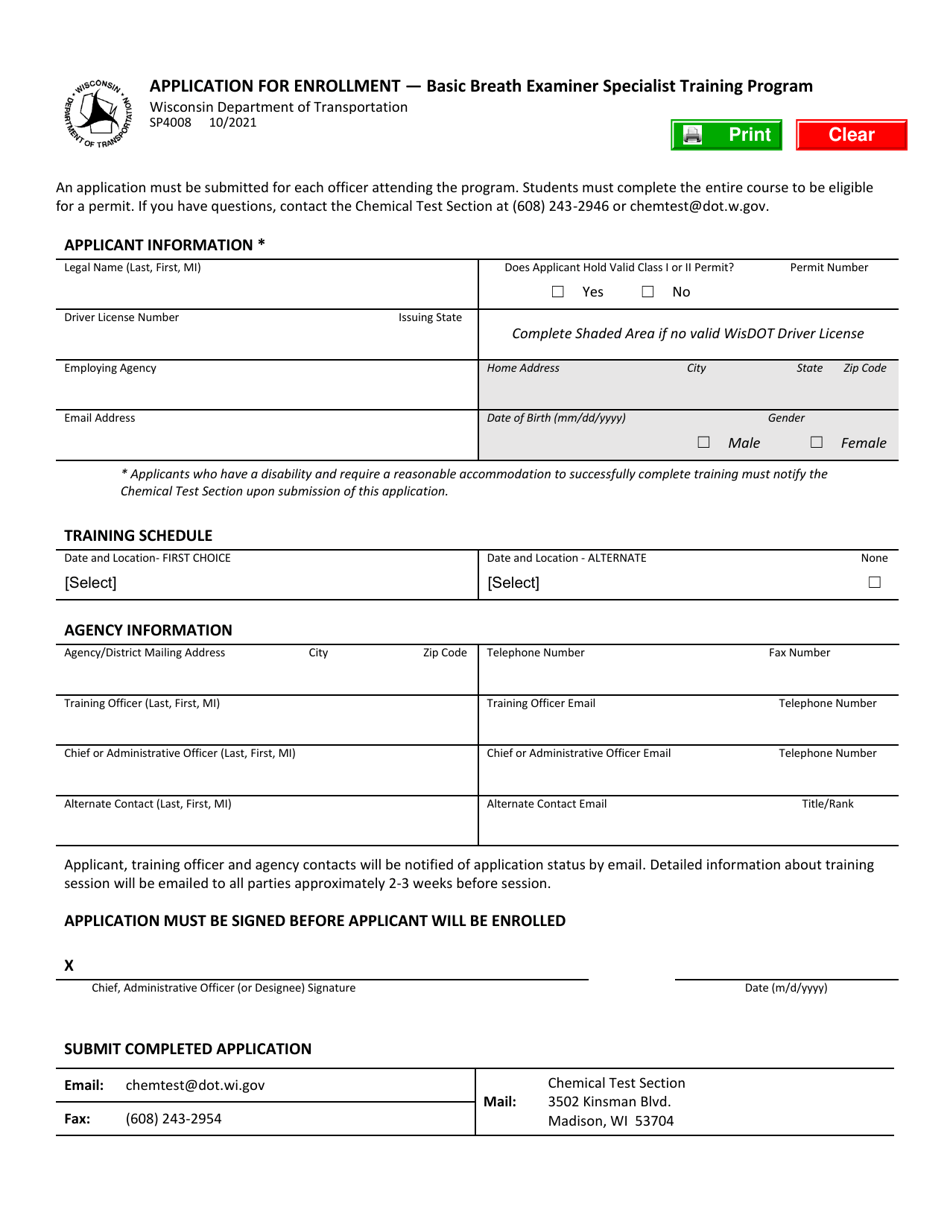 Form SP4008 Application for Enrollment - Basic Breath Examiner Specialist Training Program - Wisconsin, Page 1