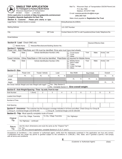 Form MV2601 Single Trip Application to Transport a Factory Built Home - Wisconsin