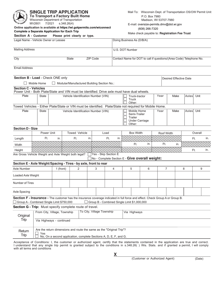 Form MV2601 Single Trip Application to Transport a Factory Built Home - Wisconsin, Page 1