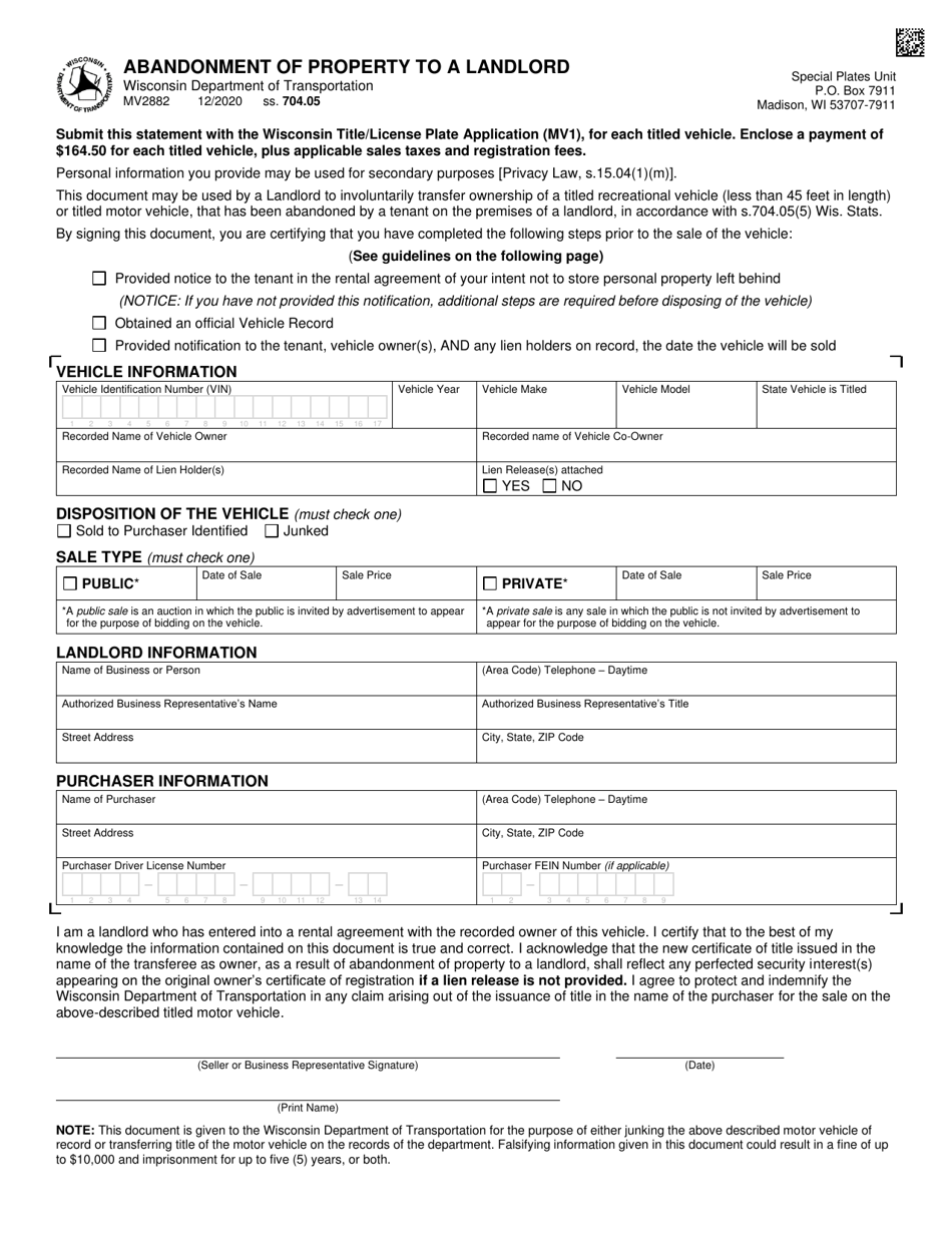 Form MV2882 Abandonment of Property to a Landlord - Wisconsin, Page 1