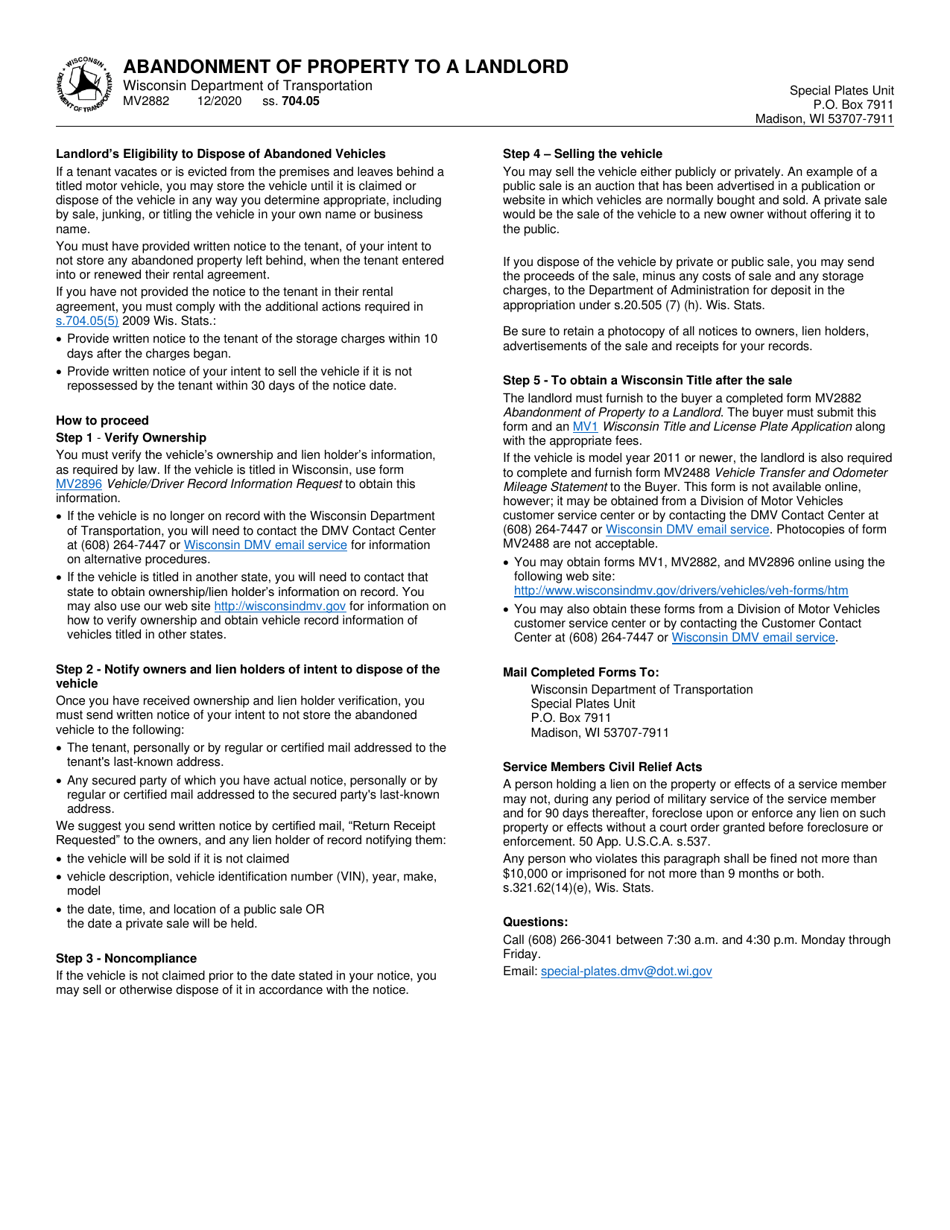 Form MV2882 Abandonment of Property to a Landlord - Wisconsin, Page 2