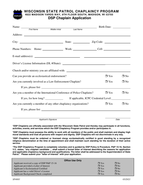 Form SP4083 Dsp Chaplain Application - Wisconsin