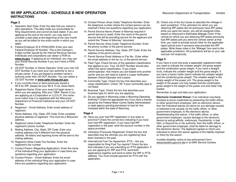 Form MV2854 Schedule B Wi Irp Application - New Operation - Wisconsin, Page 1