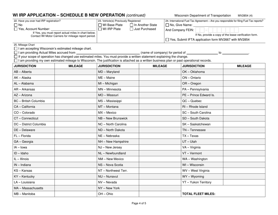 Form MV2854 Schedule B Wi Irp Application - New Operation - Wisconsin, Page 4