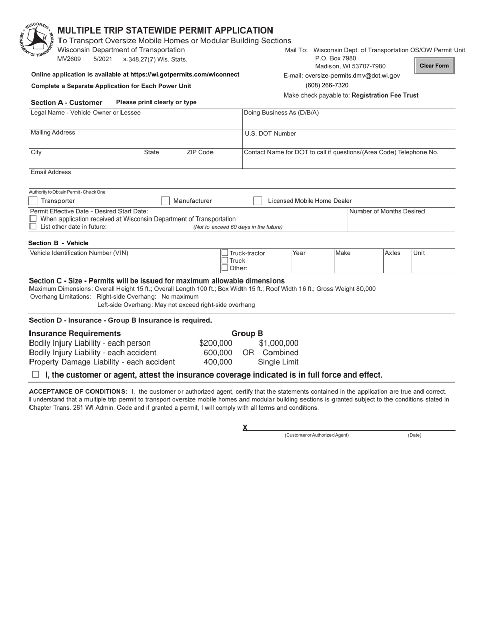 Form MV2609 Multiple Trip Statewide Permit Application - Wisconsin, Page 1