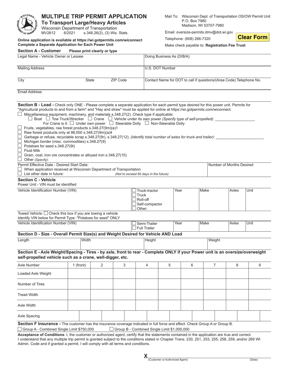 Form MV2612 Multiple Trip Permit Application to Transport Large / Heavy Articles - Wisconsin, Page 1