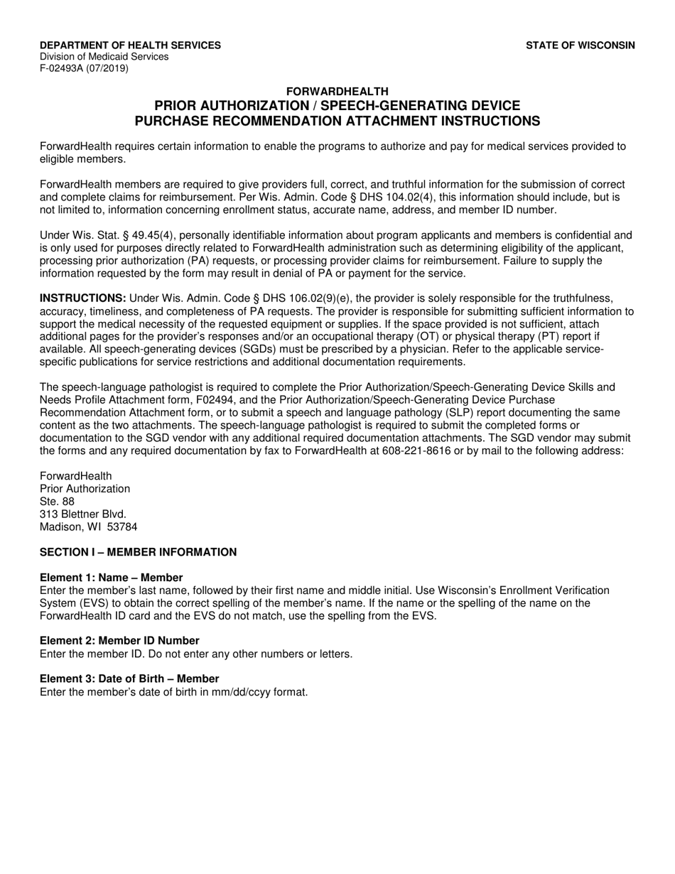 Instructions for Form F-02493 Prior Authorization / Speech-Generating Device Purchase Recommendation Attachment - Wisconsin, Page 1