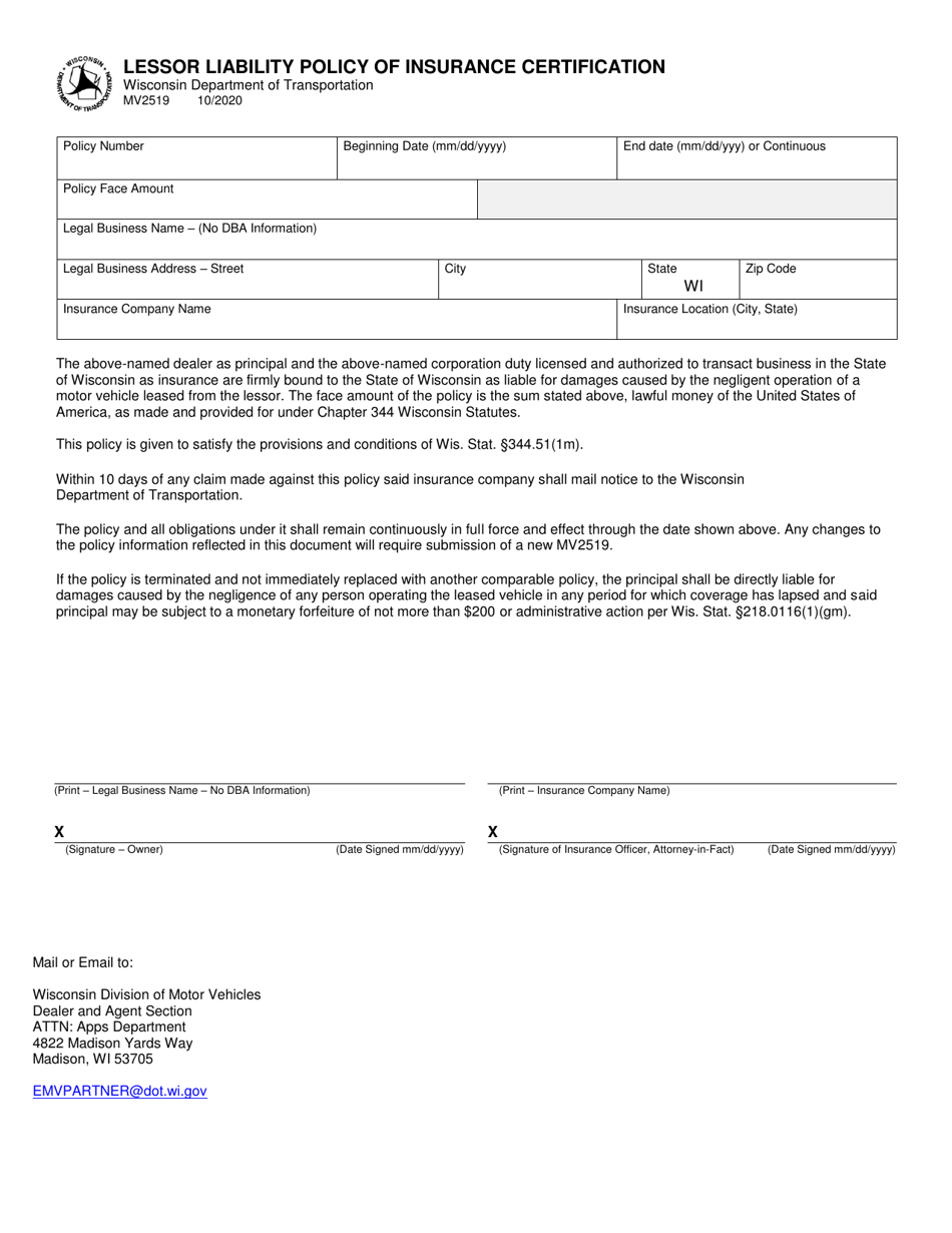 Form MV2519 Lessor Liability Policy of Insurance Certification - Wisconsin, Page 1