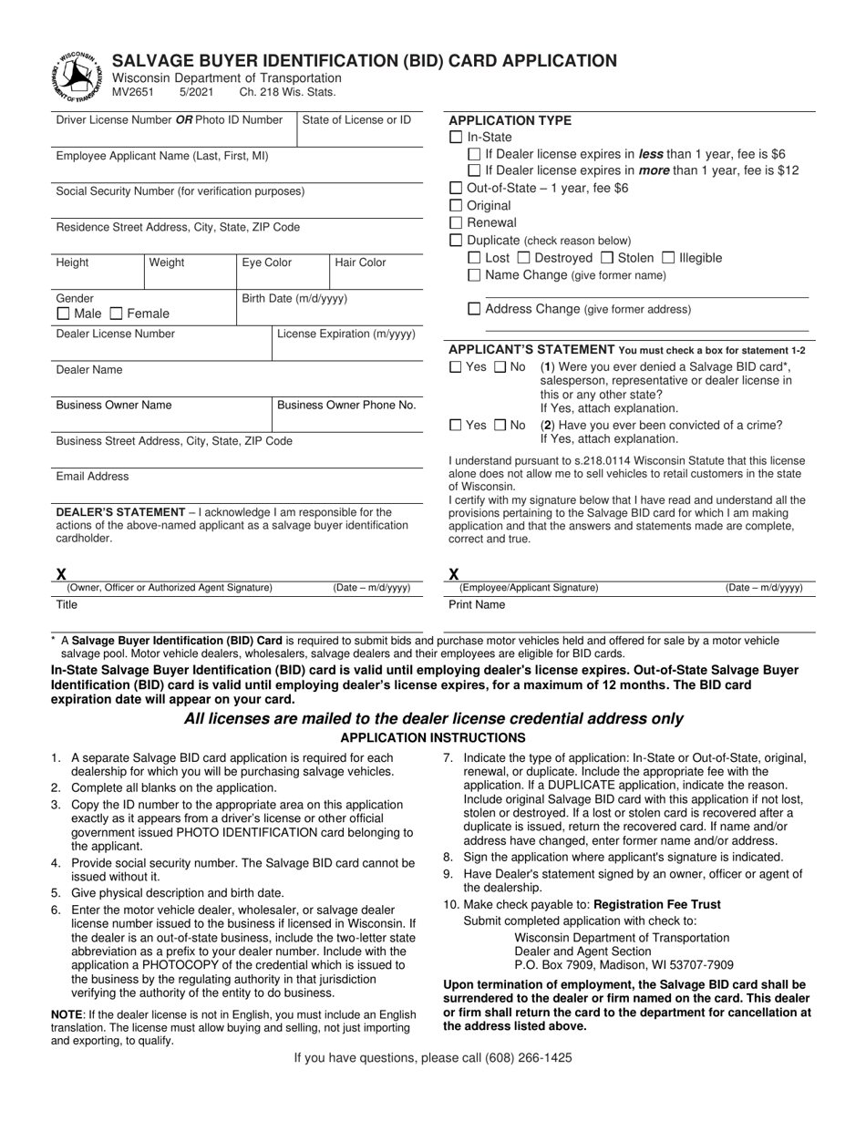 Form MV2651 Salvage Buyer Identification (Bid) Card Application - Wisconsin, Page 1