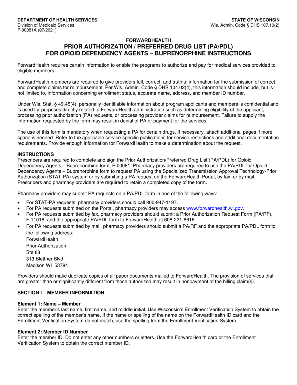 Instructions for Form F-00081 Prior Authorization / Preferred Drug List (Pa / Pdl) for Opioid Dependency Agents - Buprenorphine - Wisconsin, Page 1