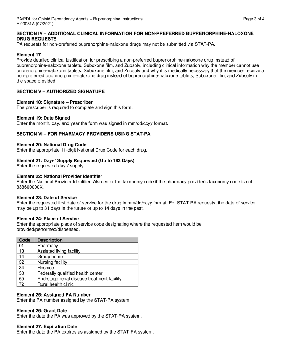 Instructions for Form F-00081 Prior Authorization / Preferred Drug List (Pa / Pdl) for Opioid Dependency Agents - Buprenorphine - Wisconsin, Page 3