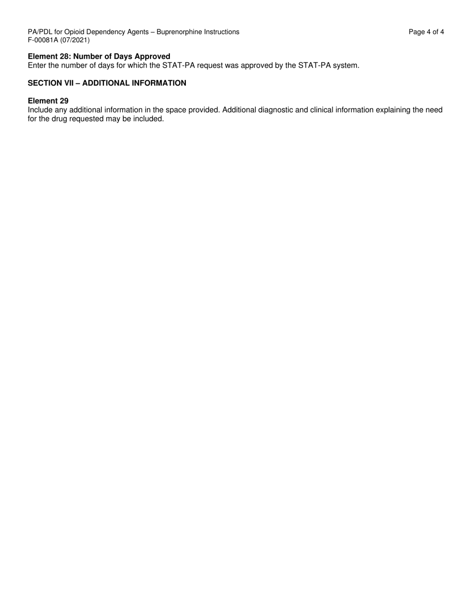 Instructions for Form F-00081 Prior Authorization / Preferred Drug List (Pa / Pdl) for Opioid Dependency Agents - Buprenorphine - Wisconsin, Page 4
