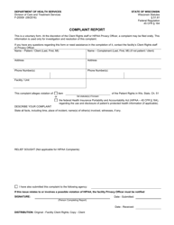 Document preview: Form F-20009 Complaint Report - Wisconsin