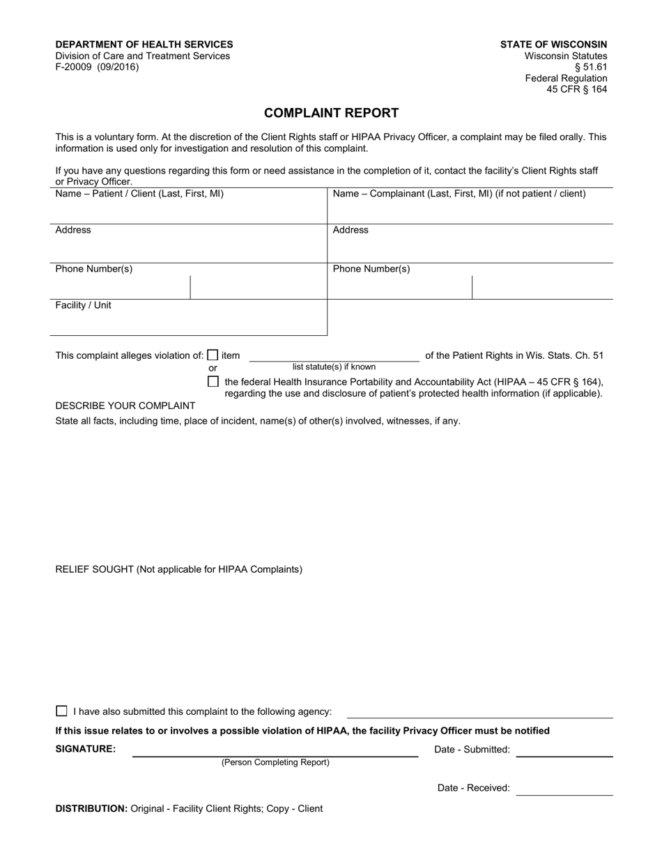 Form F-20009 Complaint Report - Wisconsin, Page 1