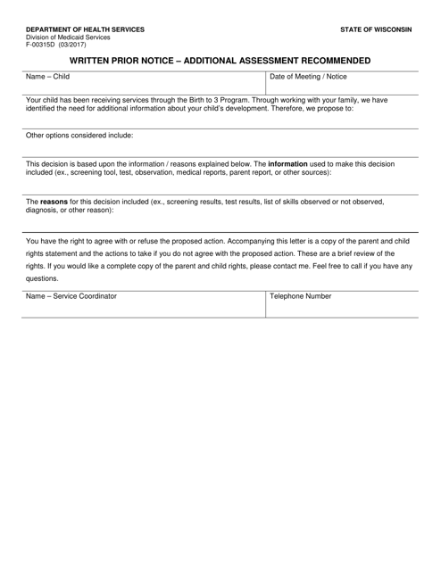 Form F-00315D Written Prior Notice - Additional Assessment Recommended - Wisconsin