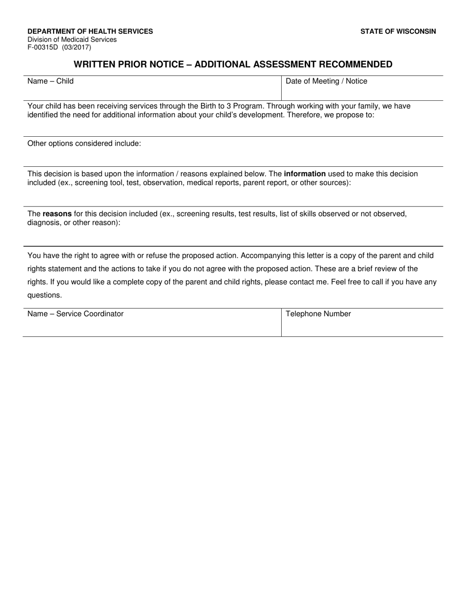 Form F-00315D Written Prior Notice - Additional Assessment Recommended - Wisconsin, Page 1