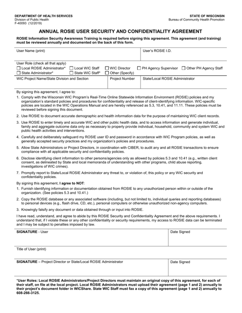 Form F-40093 Annual Rosie User Security and Confidentiality Agreement - Wisconsin