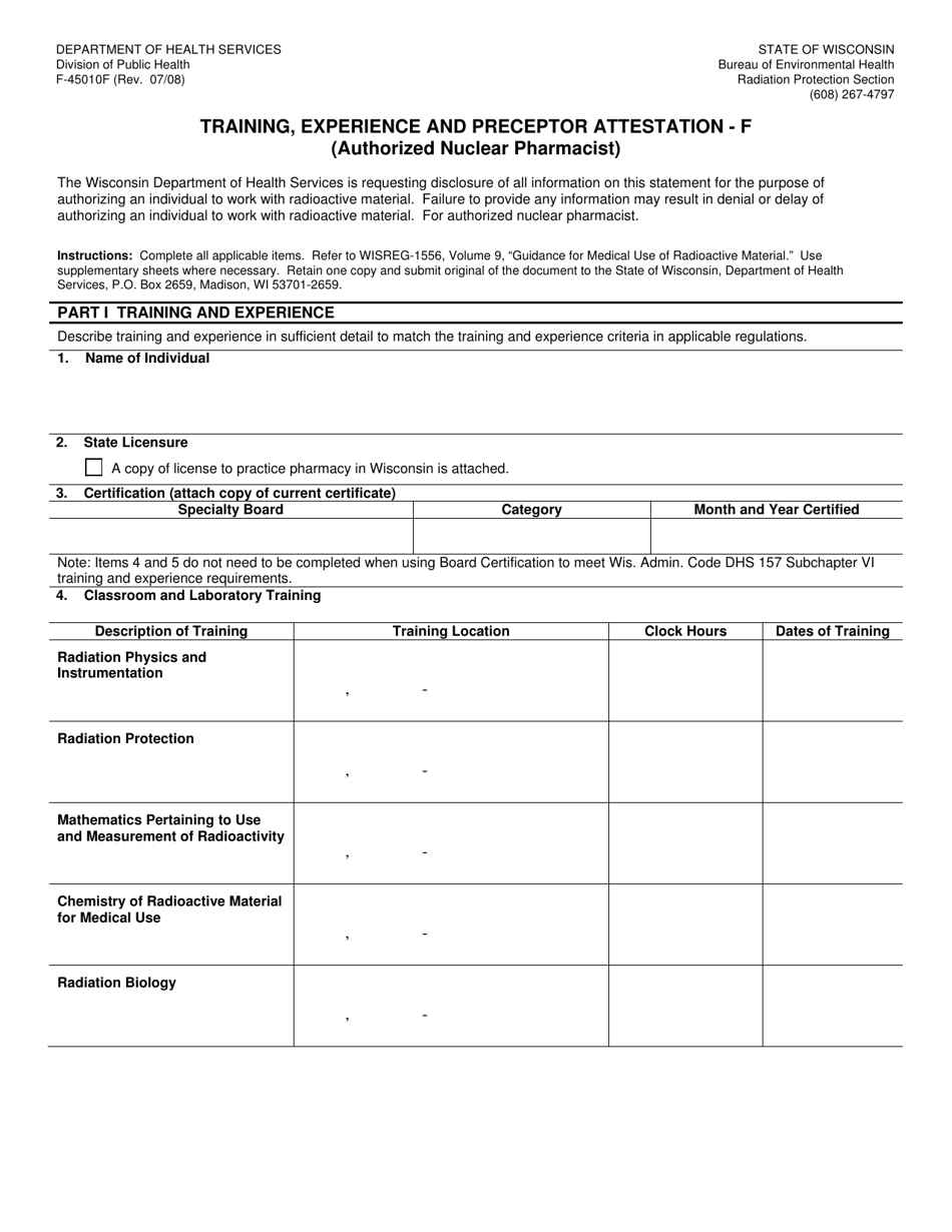 Form F-45010F Training, Experience and Preceptor Attestation - F (Authorized Nuclear Pharmacist) - Wisconsin, Page 1