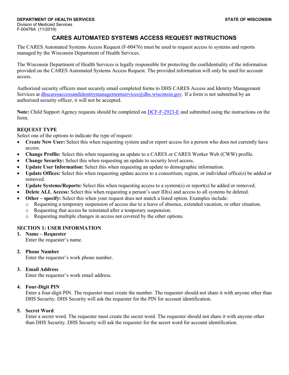 Instructions for Form F-00476 Cares Automated Systems Access Request - Wisconsin, Page 1