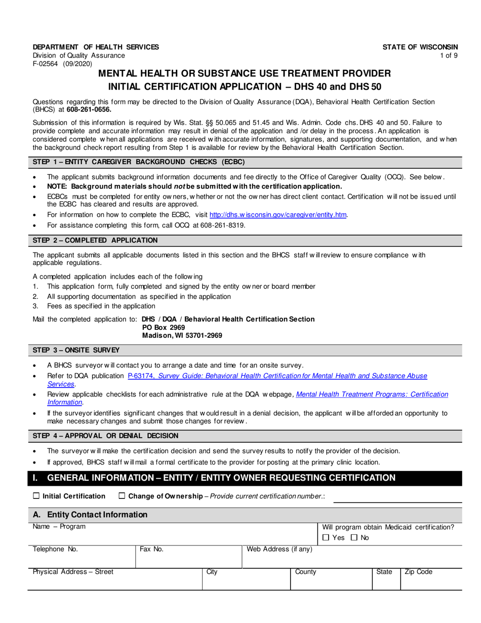 Form F-02564 Mental Health or Substance Use Treatment Provider Initial Certification Application - DHS 40 and DHS 50 - Wisconsin, Page 1