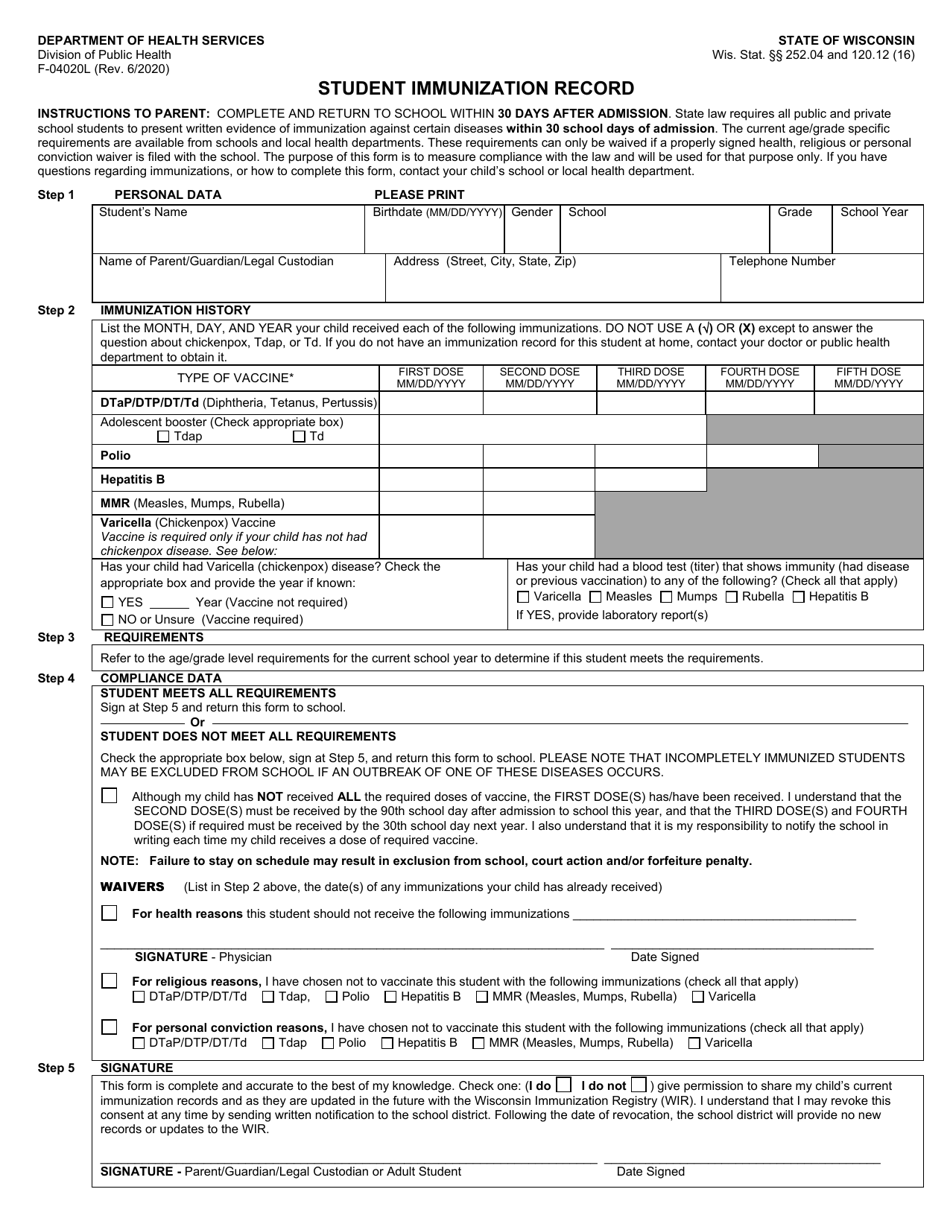 Form F-04020L Student Immunization Record - Wisconsin, Page 1